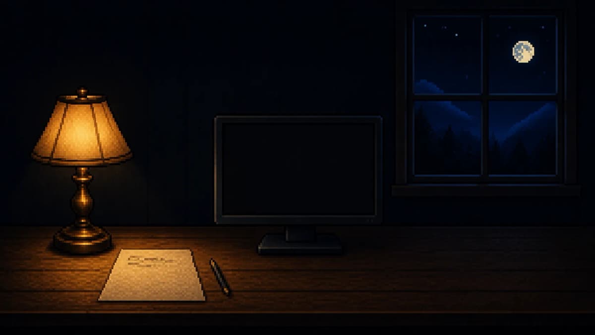 Escritorio nocturno pixel-art con una sola hoja escrita a mano bajo la lampara