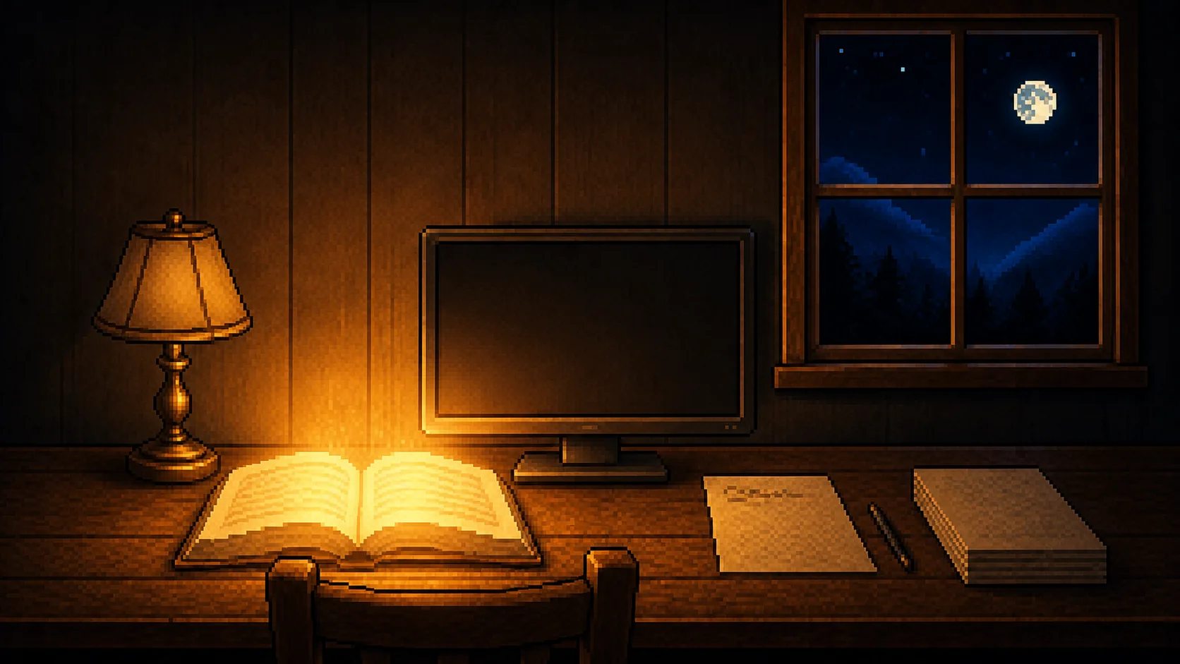 El cuaderno encendido iluminando la habitación y una silla vacía al otro lado de la mesa