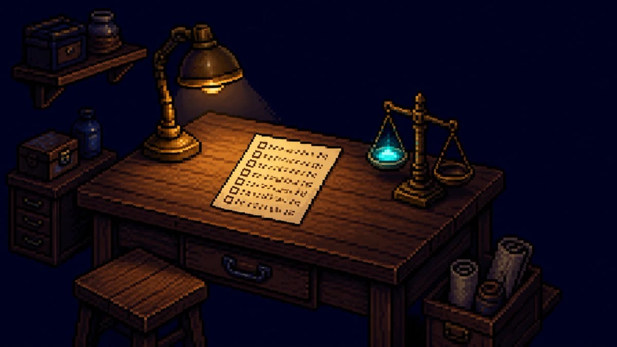 Escena pixel-art de un taller con una hoja de inventario sobre la mesa