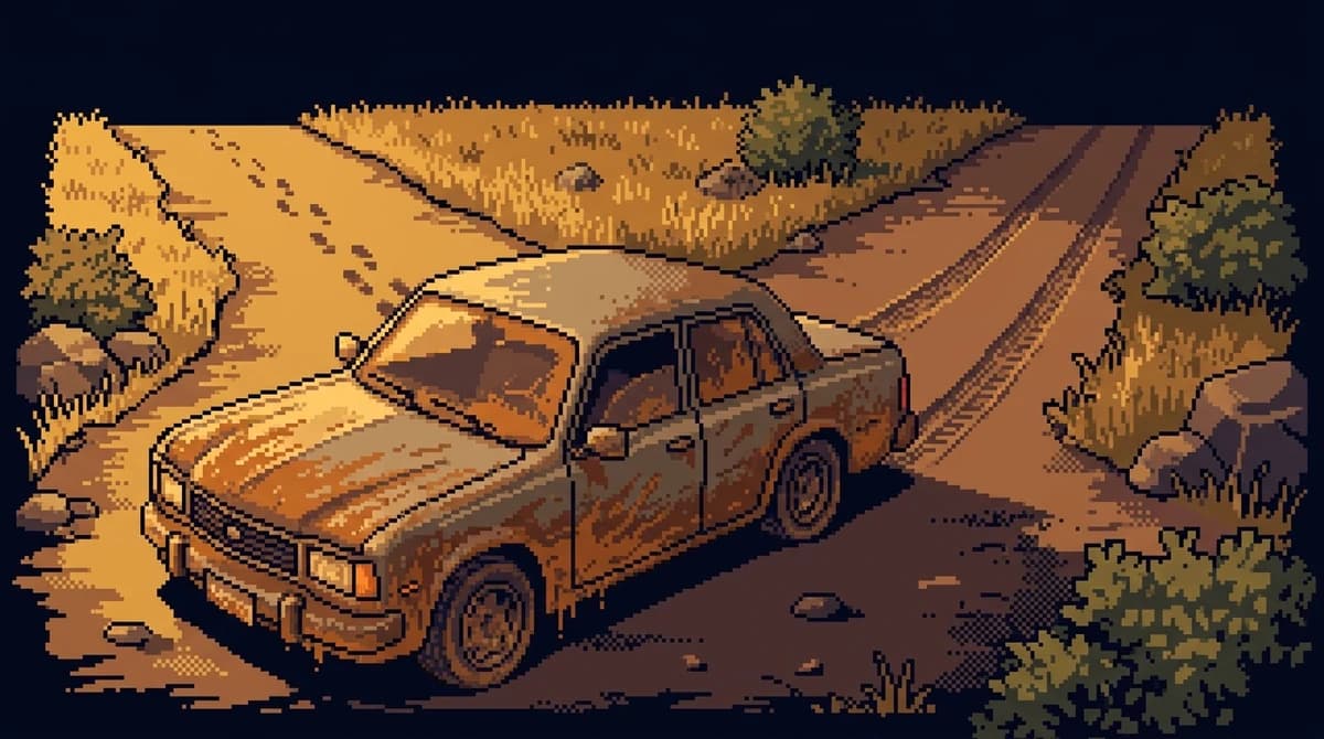 Escena pixel-art de un carro sucio frente a un camino que se bifurca