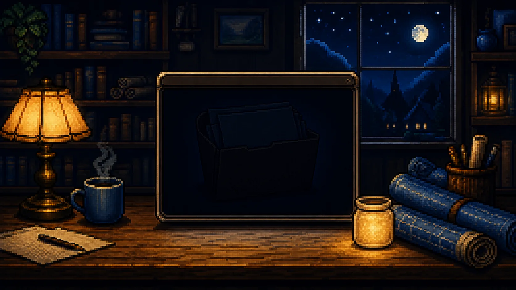 La ventana de la aplicación apagándose junto a un frasco lleno de luz hasta el borde