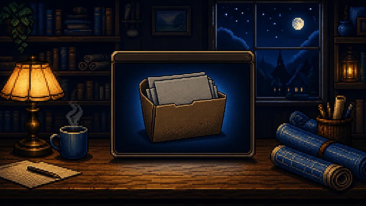 Escritorio nocturno pixel-art con la ventana de una aplicacion y una carpeta de archivos dentro