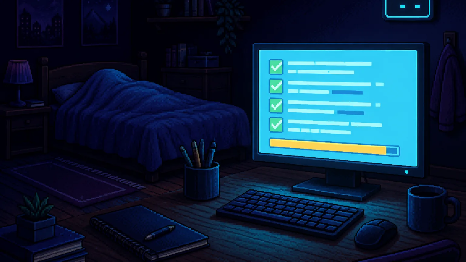 Una habitación a oscuras: alguien duerme al fondo mientras el monitor del escritorio va marcando tareas como hechas