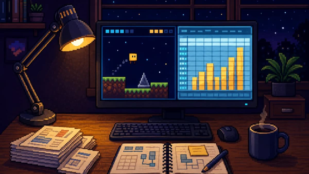 Escritorio nocturno pixel-art con un monitor que muestra un videojuego de plataformas y un grafico de barras