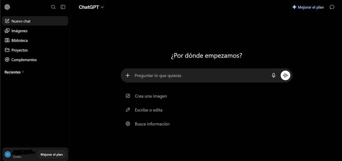 Pantalla de inicio de ChatGPT