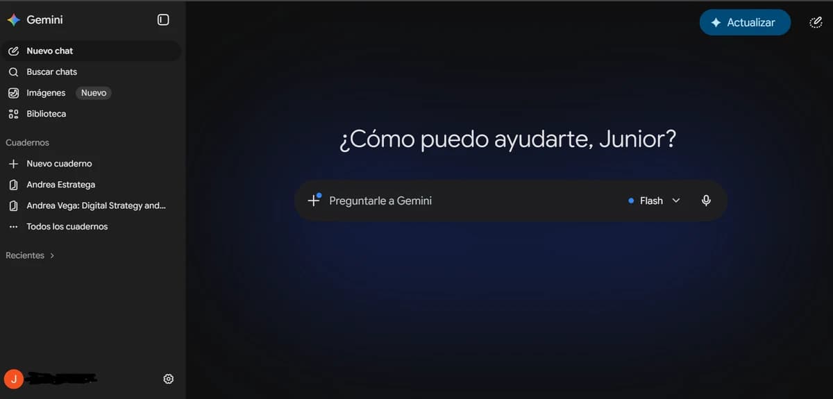 Pantalla de inicio de Gemini