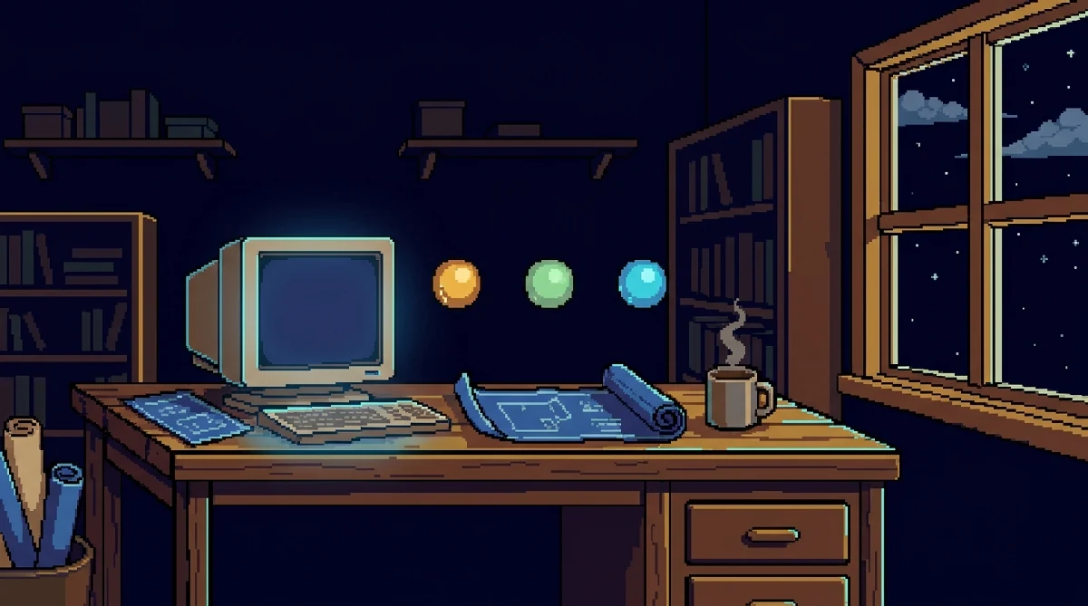 Escritorio nocturno pixel-art con tres orbes de luz